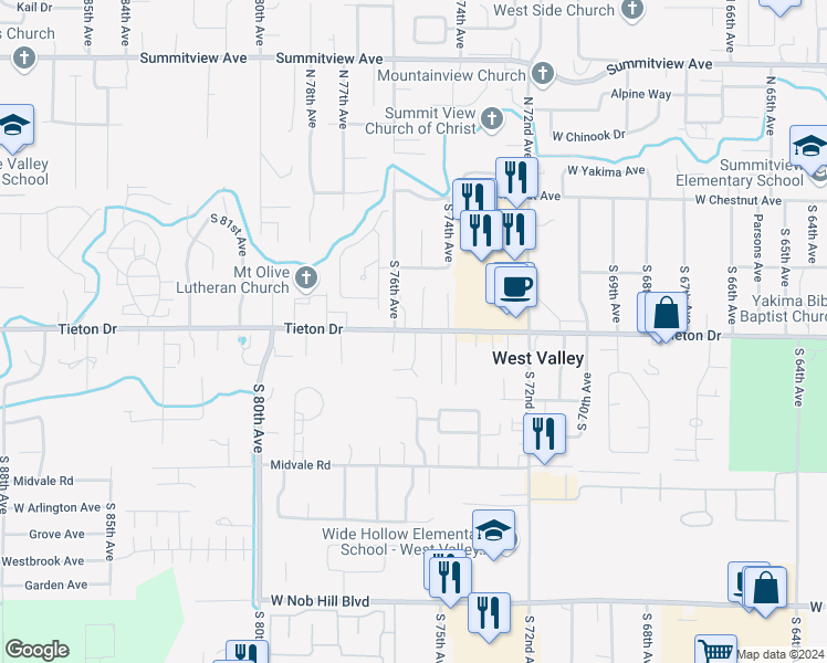 map of restaurants, bars, coffee shops, grocery stores, and more near 7509 West Tieton Drive in Yakima