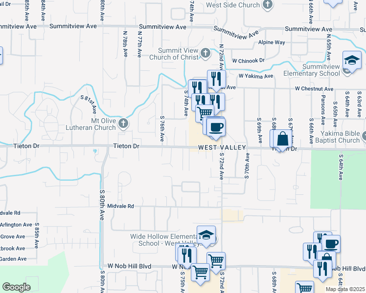 map of restaurants, bars, coffee shops, grocery stores, and more near 7446 W Tieton Dr in Yakima