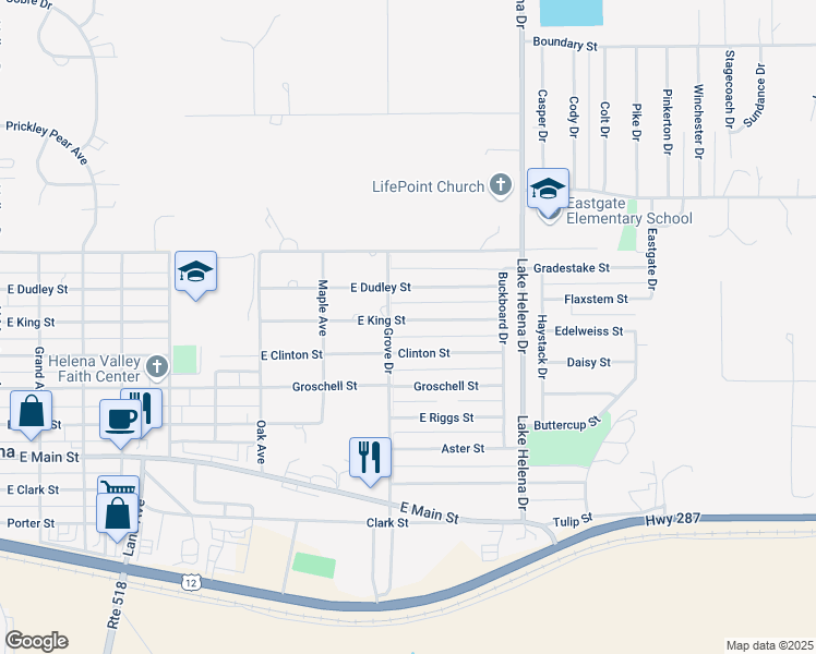 map of restaurants, bars, coffee shops, grocery stores, and more near 3709 East King Street in East Helena