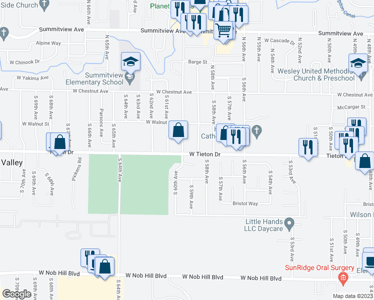 map of restaurants, bars, coffee shops, grocery stores, and more near 5907 Tieton Drive in Yakima