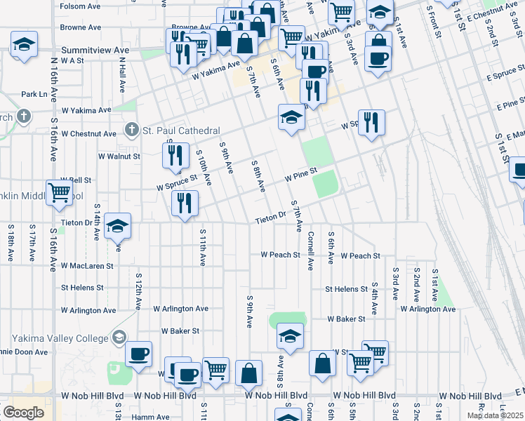 map of restaurants, bars, coffee shops, grocery stores, and more near 801 Tieton Drive in Yakima