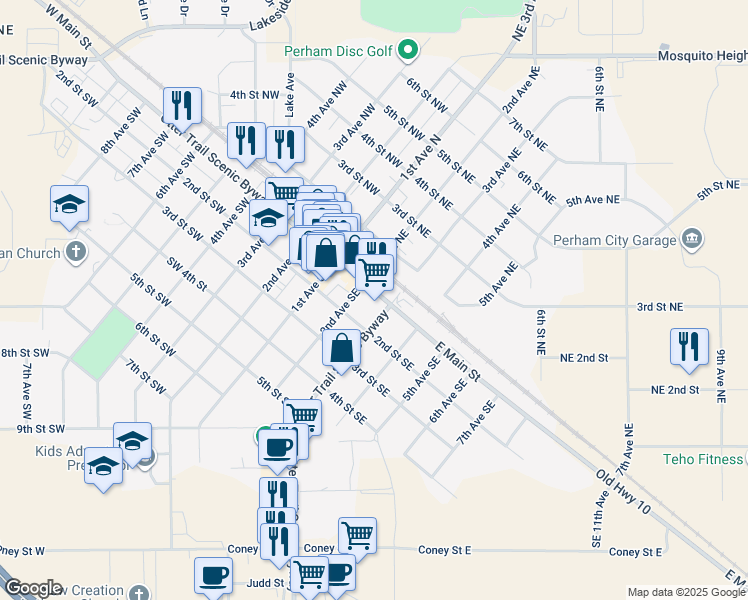 map of restaurants, bars, coffee shops, grocery stores, and more near 238 East Main Street in Perham