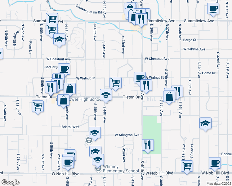 map of restaurants, bars, coffee shops, grocery stores, and more near 4209 Tieton Drive in Yakima