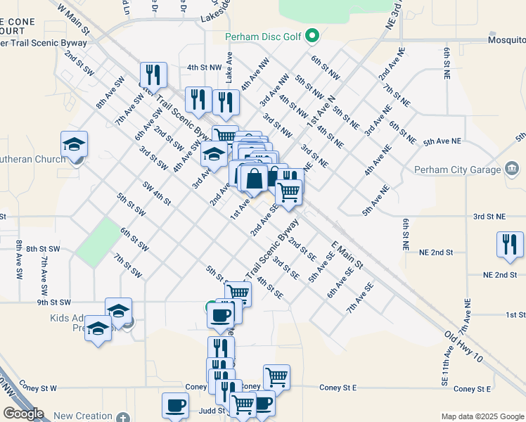 map of restaurants, bars, coffee shops, grocery stores, and more near 154 2nd Avenue Southeast in Perham