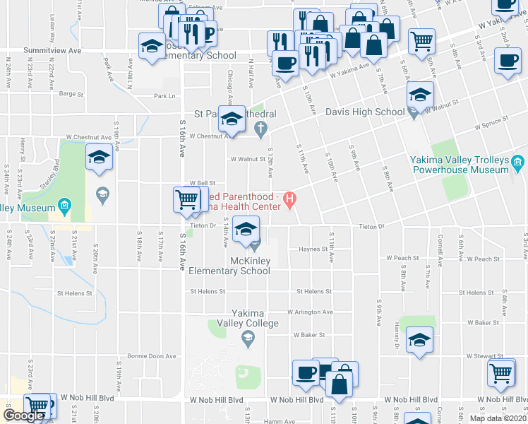 map of restaurants, bars, coffee shops, grocery stores, and more near 410 South 12th Avenue in Yakima