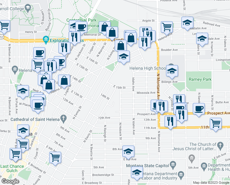 map of restaurants, bars, coffee shops, grocery stores, and more near 826 North Hoback Street in Helena