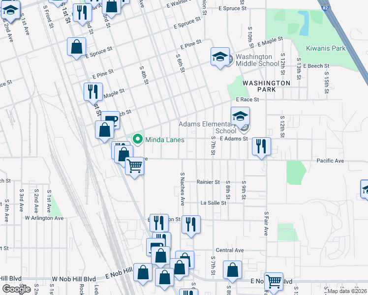 map of restaurants, bars, coffee shops, grocery stores, and more near 810 South 6th Street in Yakima