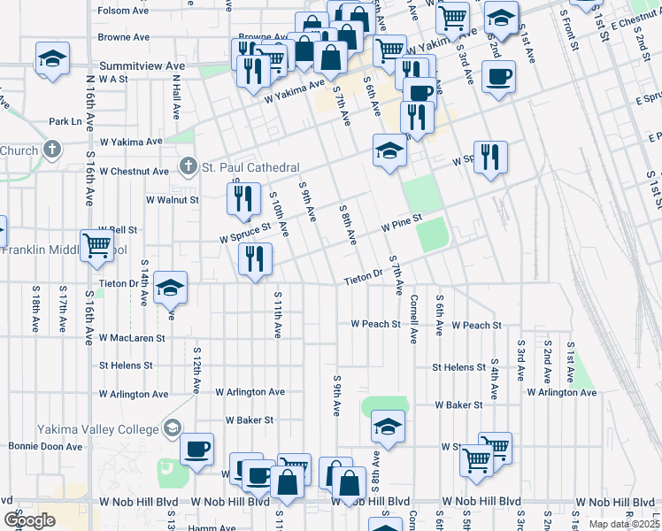 map of restaurants, bars, coffee shops, grocery stores, and more near 410 South 9th Avenue in Yakima
