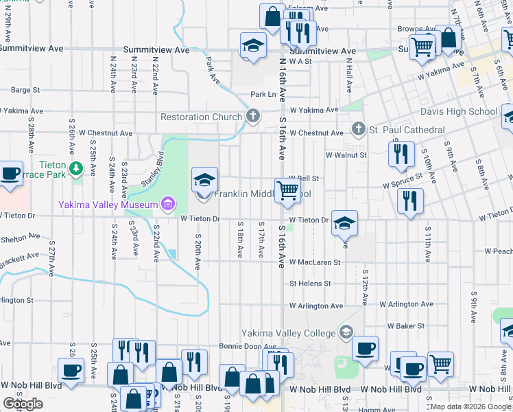 map of restaurants, bars, coffee shops, grocery stores, and more near 419 South 18th Avenue in Yakima
