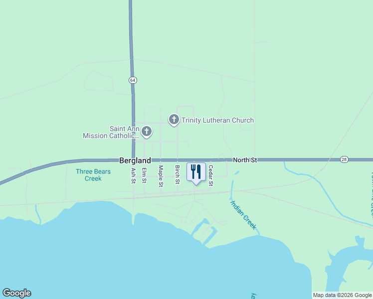 map of restaurants, bars, coffee shops, grocery stores, and more near 208 Birch Street in Bergland