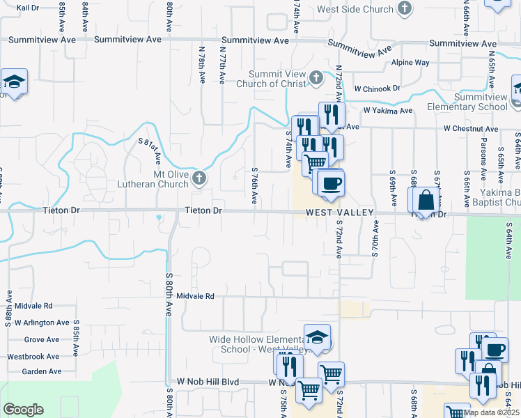 map of restaurants, bars, coffee shops, grocery stores, and more near 7509 West Tieton Drive in Yakima