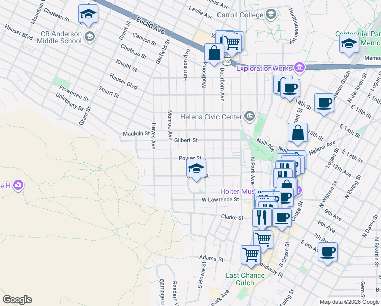 map of restaurants, bars, coffee shops, grocery stores, and more near 530 Power Street in Helena