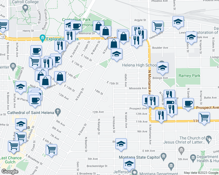 map of restaurants, bars, coffee shops, grocery stores, and more near 827 North Davis Street in Helena