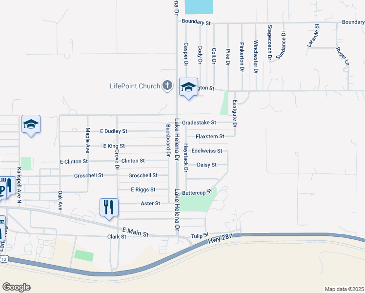 map of restaurants, bars, coffee shops, grocery stores, and more near 2443 Buckboard Drive in East Helena