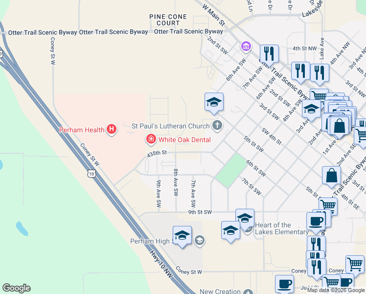 map of restaurants, bars, coffee shops, grocery stores, and more near 701 7th Street Southwest in Perham