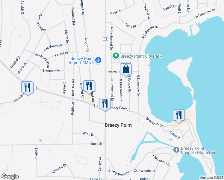 map of restaurants, bars, coffee shops, grocery stores, and more near 30344 North Birchwood Drive in Pequot Lakes
