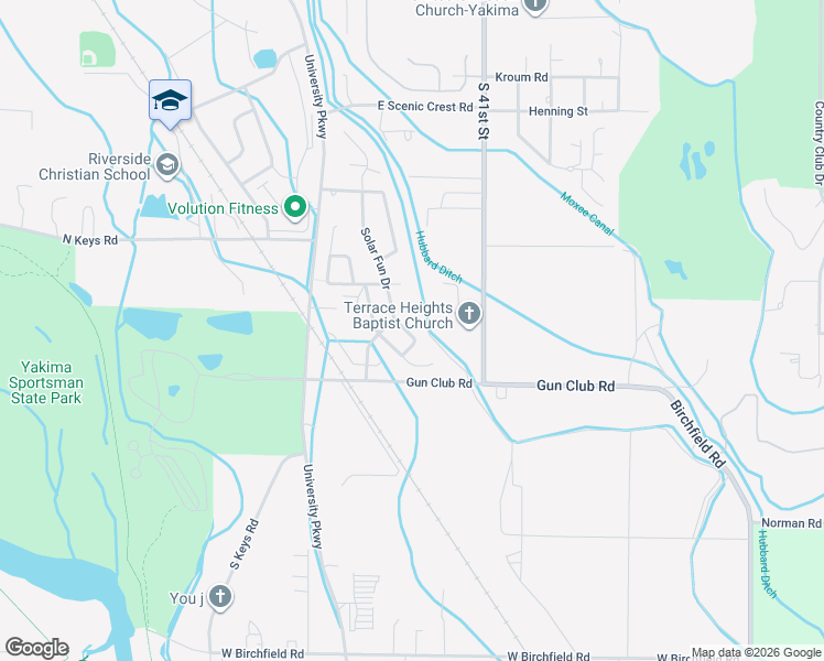 map of restaurants, bars, coffee shops, grocery stores, and more near Sun Country Pkwy in Yakima