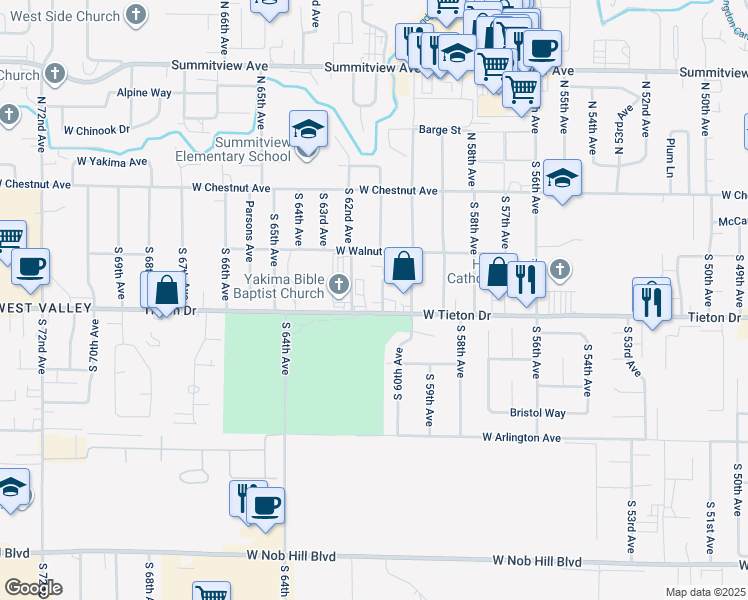 map of restaurants, bars, coffee shops, grocery stores, and more near 6003 Tieton Drive in Yakima