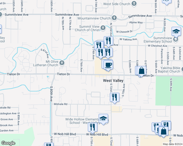 map of restaurants, bars, coffee shops, grocery stores, and more near 7400-7446 W Tieton Dr in Yakima