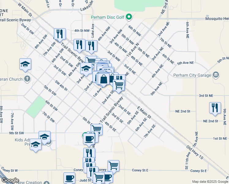 map of restaurants, bars, coffee shops, grocery stores, and more near 154 2nd Avenue Southeast in Perham