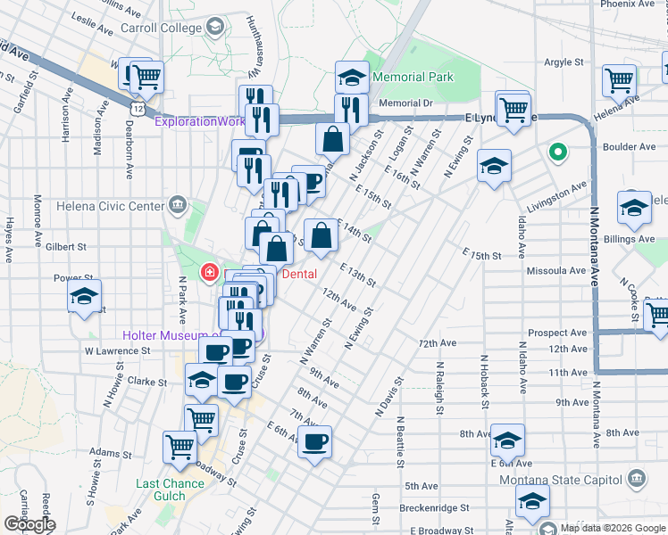 map of restaurants, bars, coffee shops, grocery stores, and more near 665 Logan Street in Helena