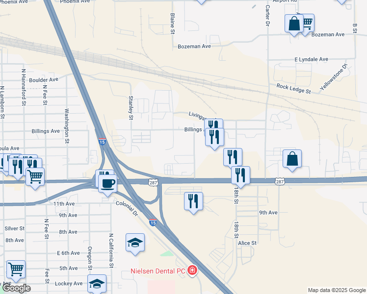 map of restaurants, bars, coffee shops, grocery stores, and more near 900 Gibbon Street in Helena