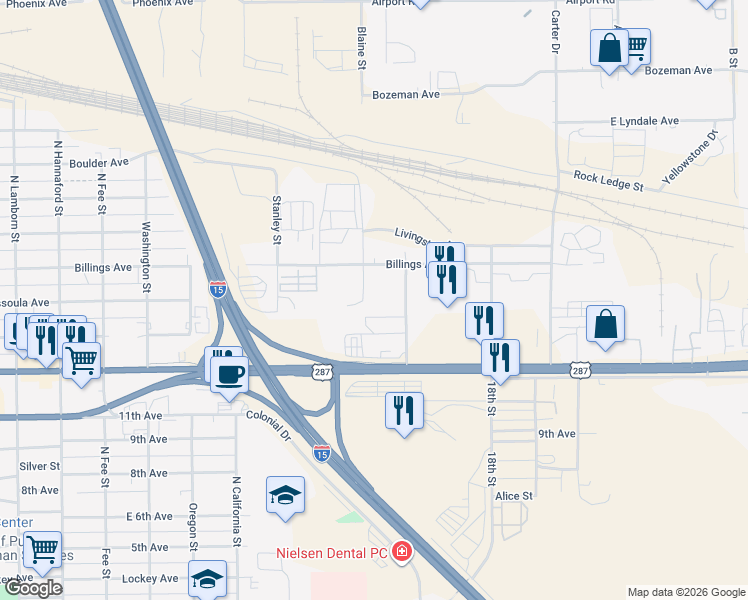 map of restaurants, bars, coffee shops, grocery stores, and more near 867 Blaine Street in Helena