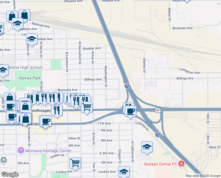 map of restaurants, bars, coffee shops, grocery stores, and more near 1115 North Roberts Street in Helena