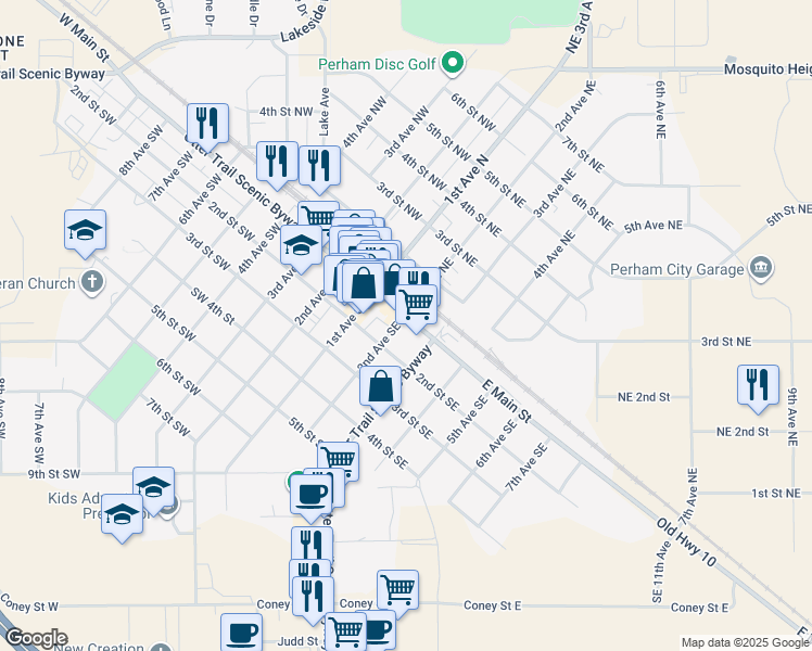 map of restaurants, bars, coffee shops, grocery stores, and more near 238 East Main Street in Perham