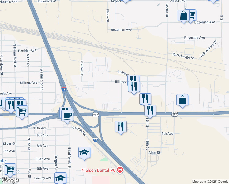 map of restaurants, bars, coffee shops, grocery stores, and more near 900 Gibbon Street in Helena