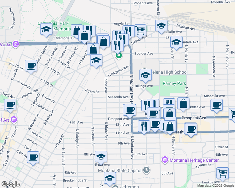 map of restaurants, bars, coffee shops, grocery stores, and more near 1013 Missoula Avenue in Helena