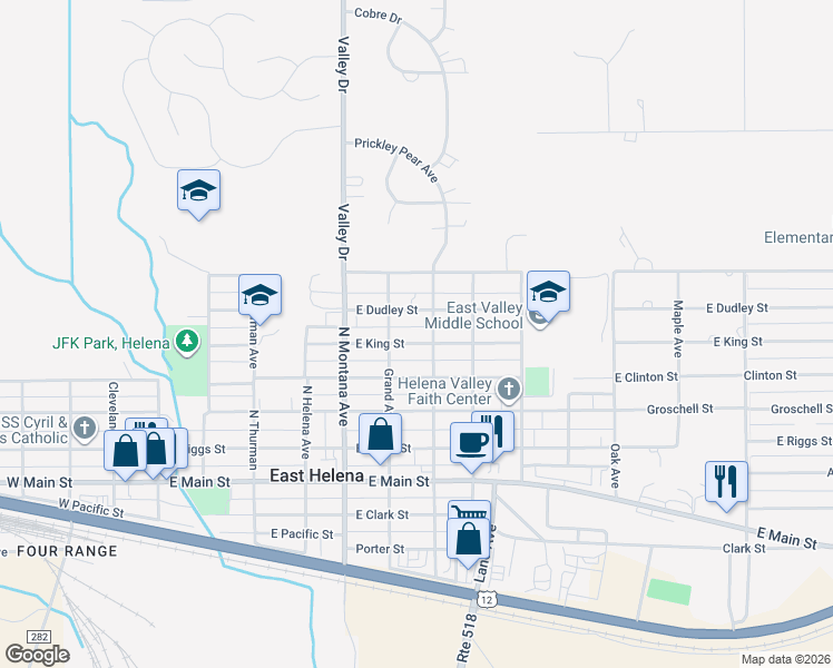 map of restaurants, bars, coffee shops, grocery stores, and more near 505 East King Street in East Helena