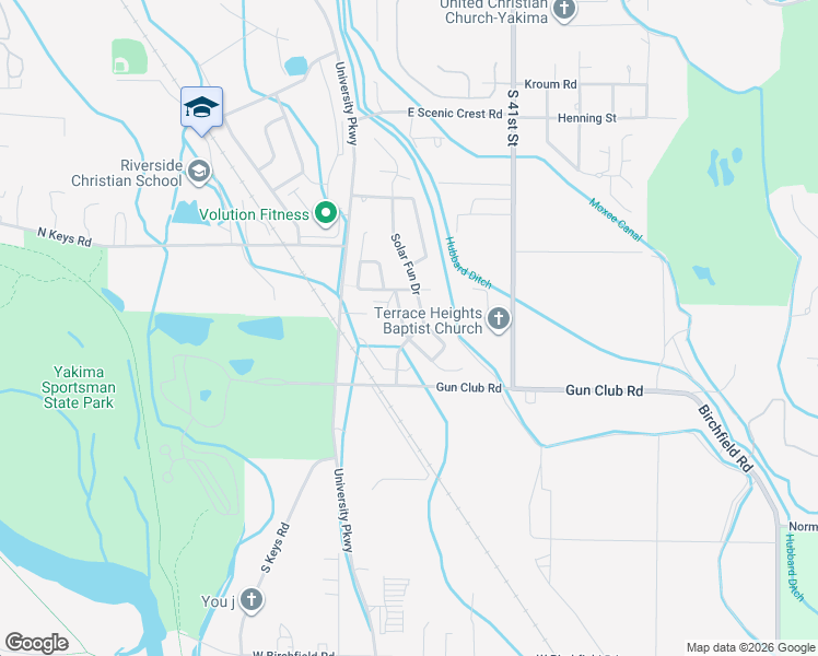 map of restaurants, bars, coffee shops, grocery stores, and more near Sun Country Pkwy in Yakima