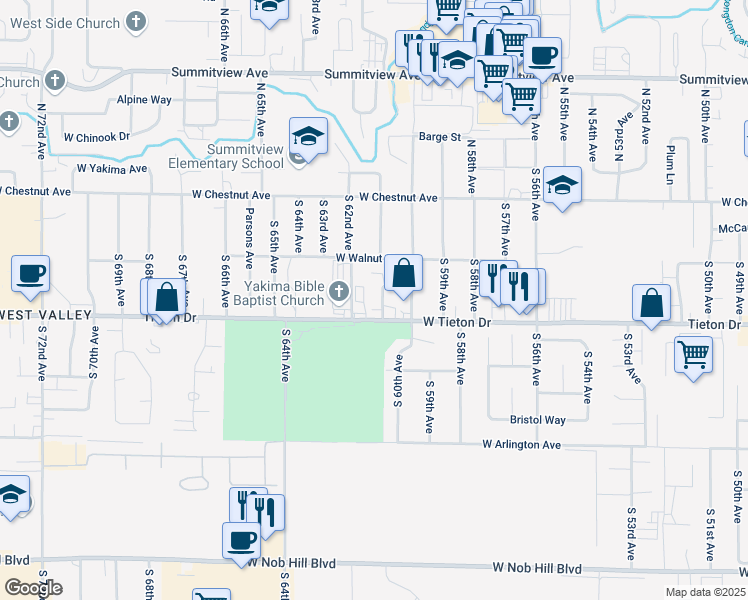 map of restaurants, bars, coffee shops, grocery stores, and more near 6003 Tieton Drive in Yakima