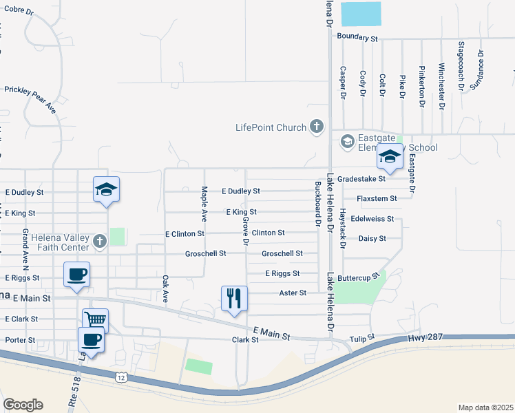 map of restaurants, bars, coffee shops, grocery stores, and more near 3709 East King Street in East Helena