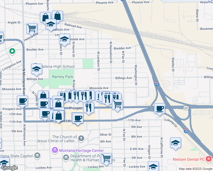 map of restaurants, bars, coffee shops, grocery stores, and more near 1824 Missoula Avenue in Helena