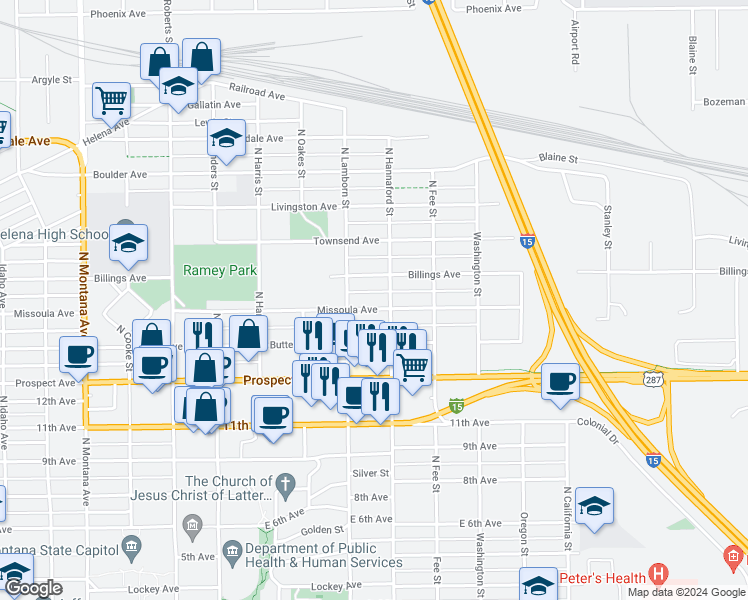 map of restaurants, bars, coffee shops, grocery stores, and more near 830 North Hannaford Street in Helena