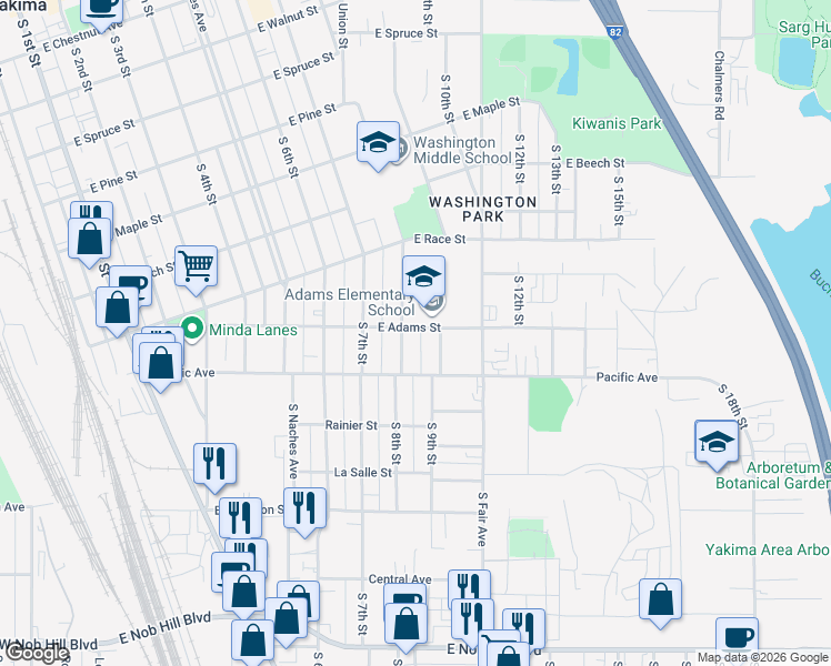 map of restaurants, bars, coffee shops, grocery stores, and more near 710 East Adams Street in Yakima