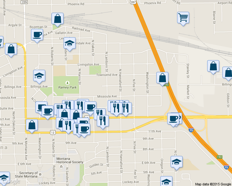 map of restaurants, bars, coffee shops, grocery stores, and more near 1836 Missoula Avenue in Helena