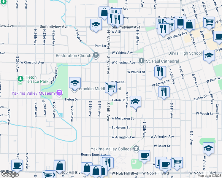 map of restaurants, bars, coffee shops, grocery stores, and more near 420 South 15th Avenue in Yakima