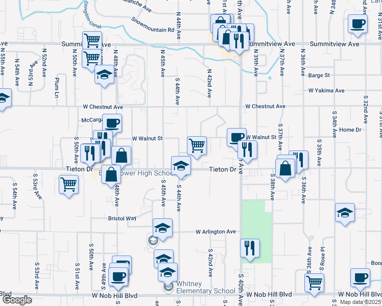 map of restaurants, bars, coffee shops, grocery stores, and more near 4209 Tieton Dr in Yakima