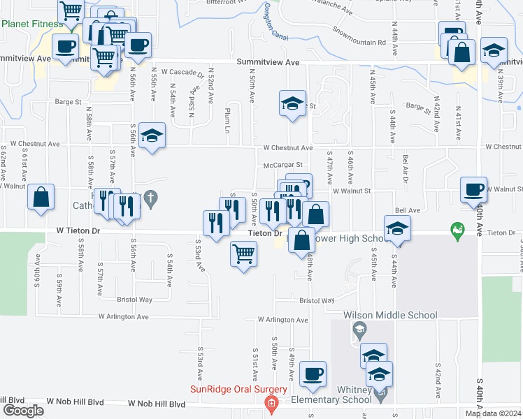 map of restaurants, bars, coffee shops, grocery stores, and more near 409 South 50th Avenue in Yakima