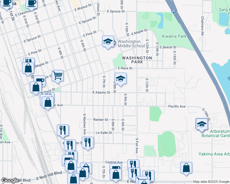 map of restaurants, bars, coffee shops, grocery stores, and more near 710 East Adams Street in Yakima