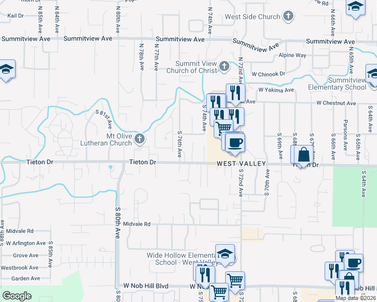 map of restaurants, bars, coffee shops, grocery stores, and more near 7509 West Tieton Drive in Yakima