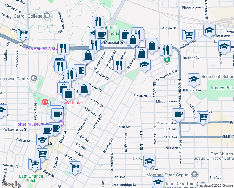 map of restaurants, bars, coffee shops, grocery stores, and more near 825-837 North Ewing Street in Helena