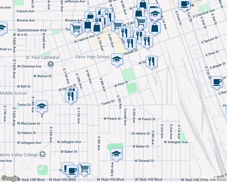 map of restaurants, bars, coffee shops, grocery stores, and more near 406 South 7th Avenue in Yakima