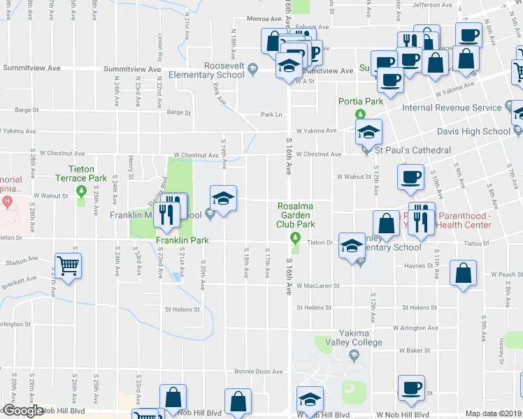 map of restaurants, bars, coffee shops, grocery stores, and more near 406 South 17th Avenue in Yakima