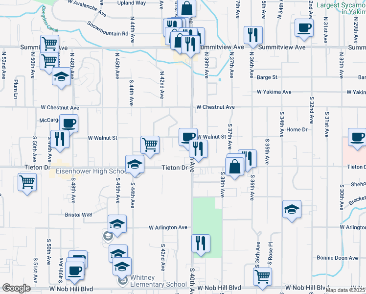 map of restaurants, bars, coffee shops, grocery stores, and more near 4001-4003 West Walnut Street in Yakima