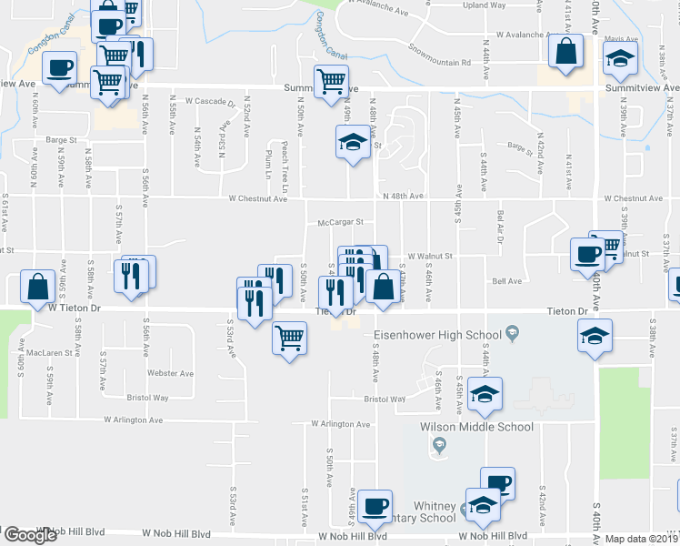 map of restaurants, bars, coffee shops, grocery stores, and more near 312 South 49th Avenue in Yakima
