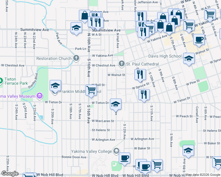 map of restaurants, bars, coffee shops, grocery stores, and more near 1309 West Spruce Street in Yakima